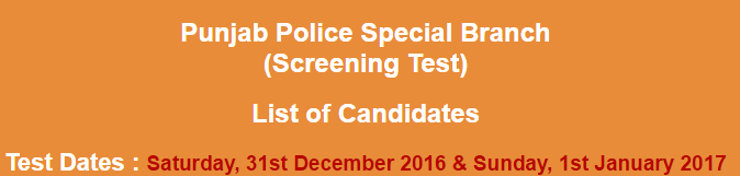 Punjab Police Special Branch Jobs NTS Test Result 2024-2017 31st December, 1st January