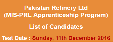 Pakistan Refinery Ltd PRL Apprenticeship Program NTS Test Result 2023 11th December