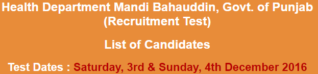 Health Department Mandi Bahauddin Jobs NTS Test Result 2023 3rd, 4th December