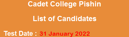 Cadet College Pishin Balochistan Admission NTS Test Result 2024 31st January