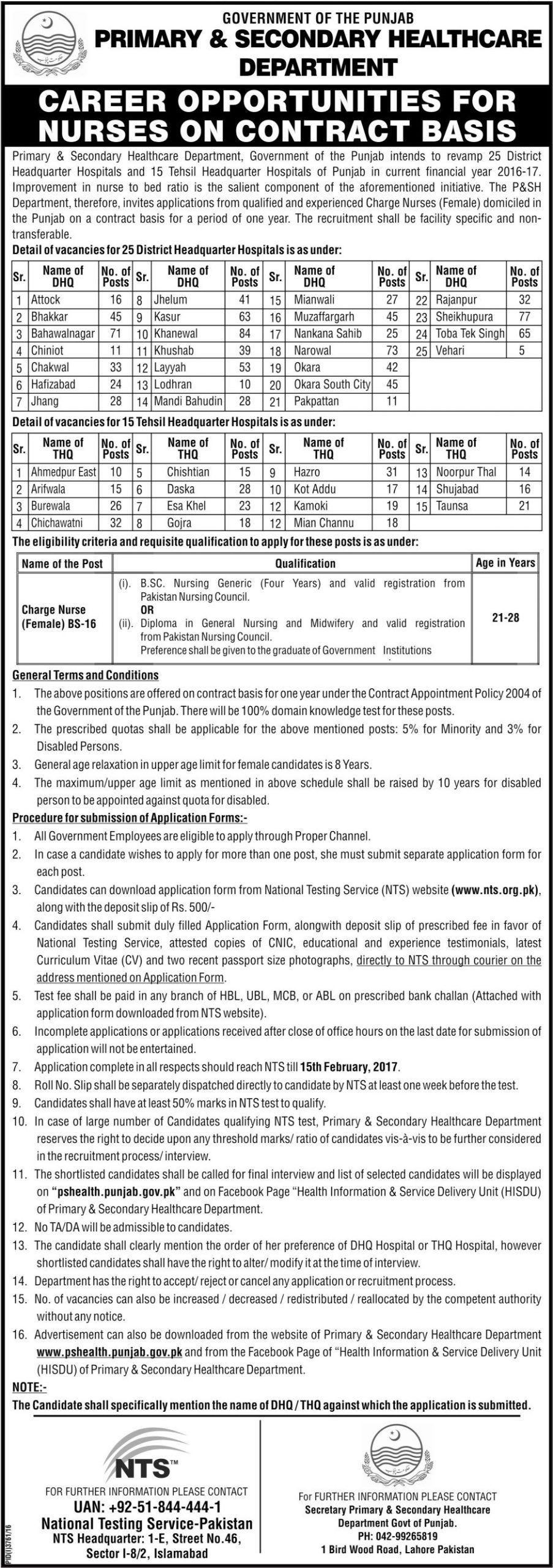 Charge Nurse Female Jobs 2023 NTS Primary and Secondary Healthcare Department
