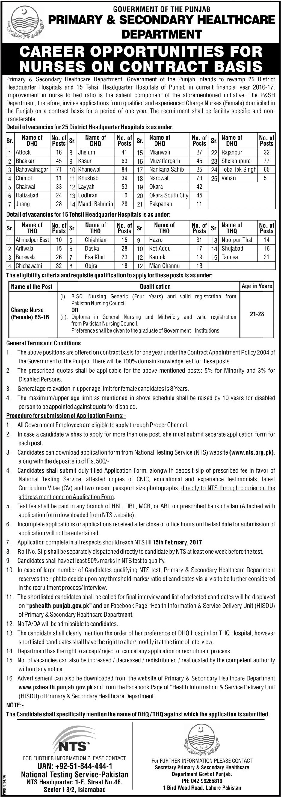Charge Nurse Female Jobs 2023 NTS Primary and Secondary Healthcare Department