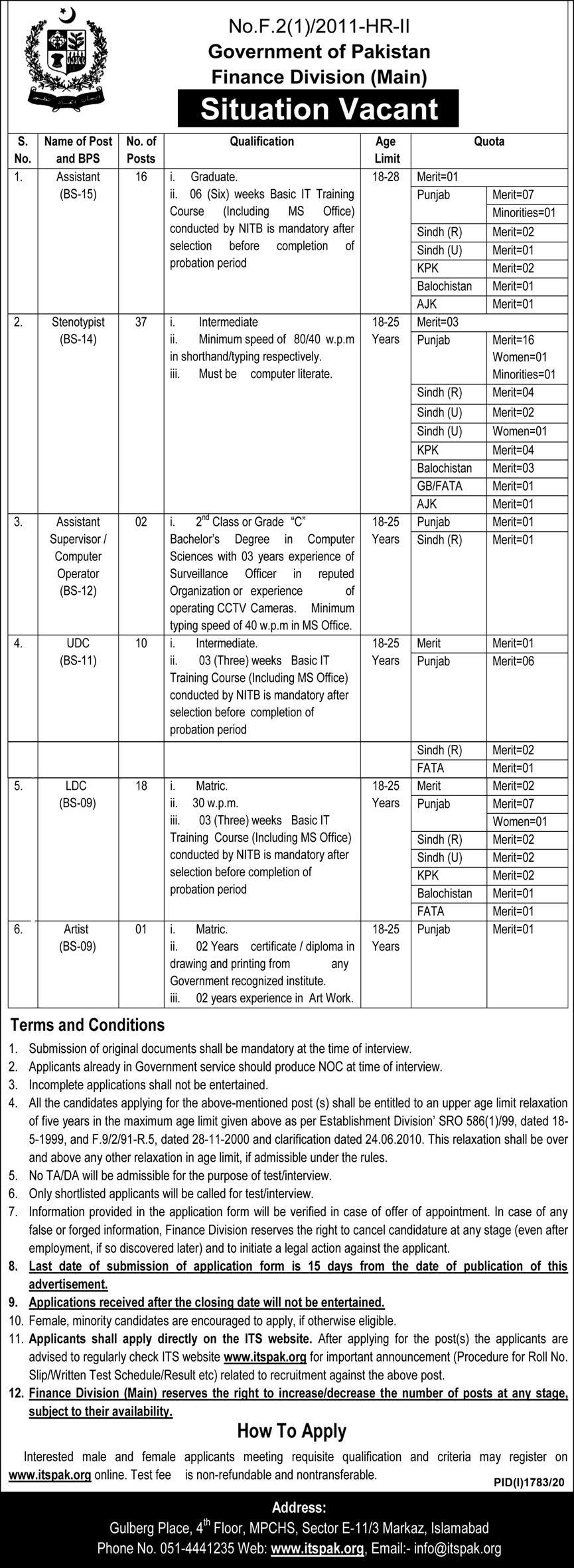 Government Of Pakistan Finance Division Jobs 2023 Itspak Form Online