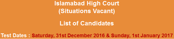 Islamabad High Court Jobs NTS Test Result 2023-2017 31st December, 1st January