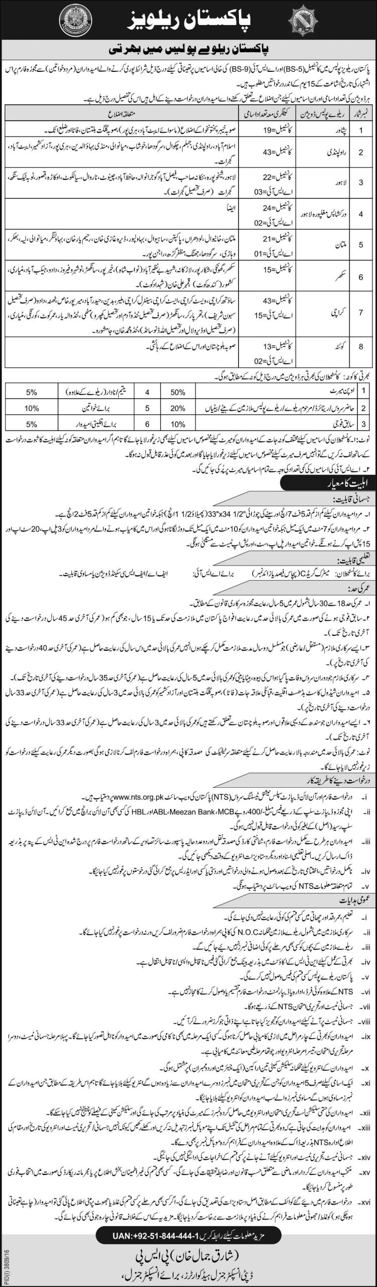 Pakistan Railways Police NTS Jobs 2024 Constable, ASI Male, Female Lahore, Karachi, Peshawar