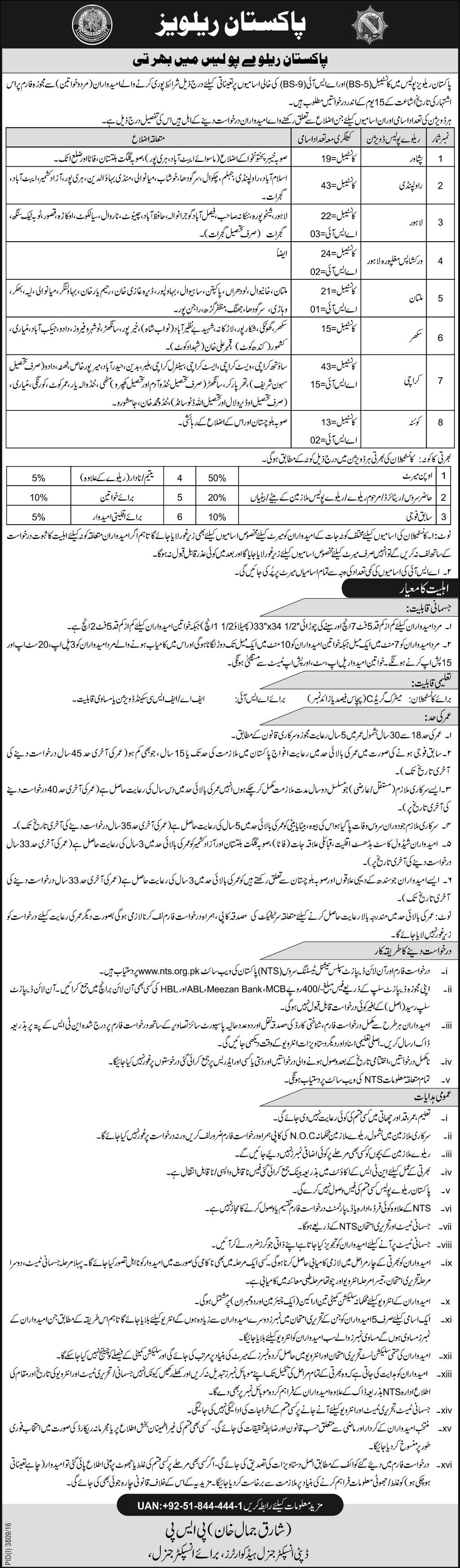 Pakistan Railways Police NTS Jobs 2024 Constable, ASI Male, Female Lahore, Karachi, Peshawar