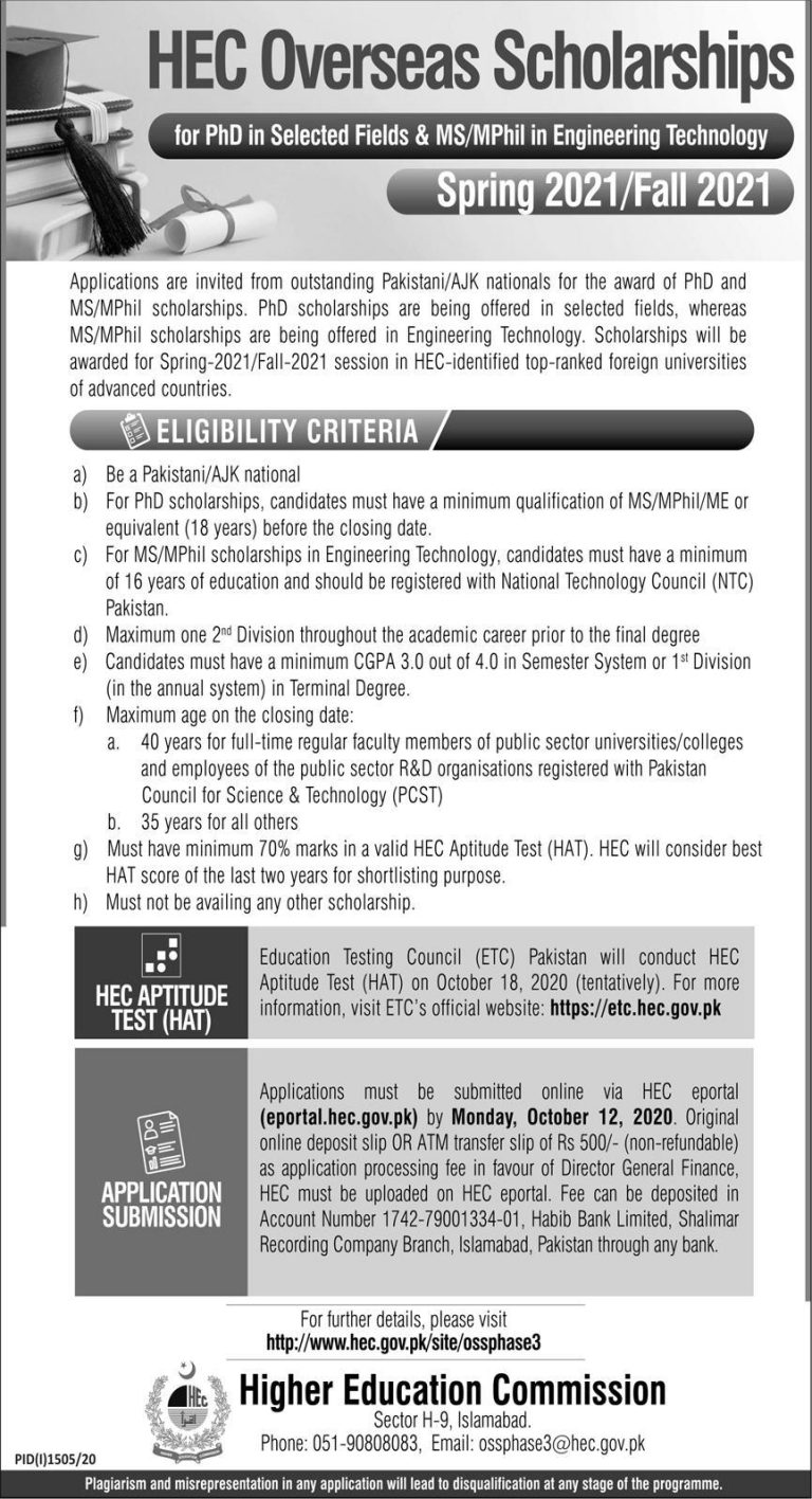 HEC Overseas Scholarships 2024 MS, PhD Students Online Form Advertisement