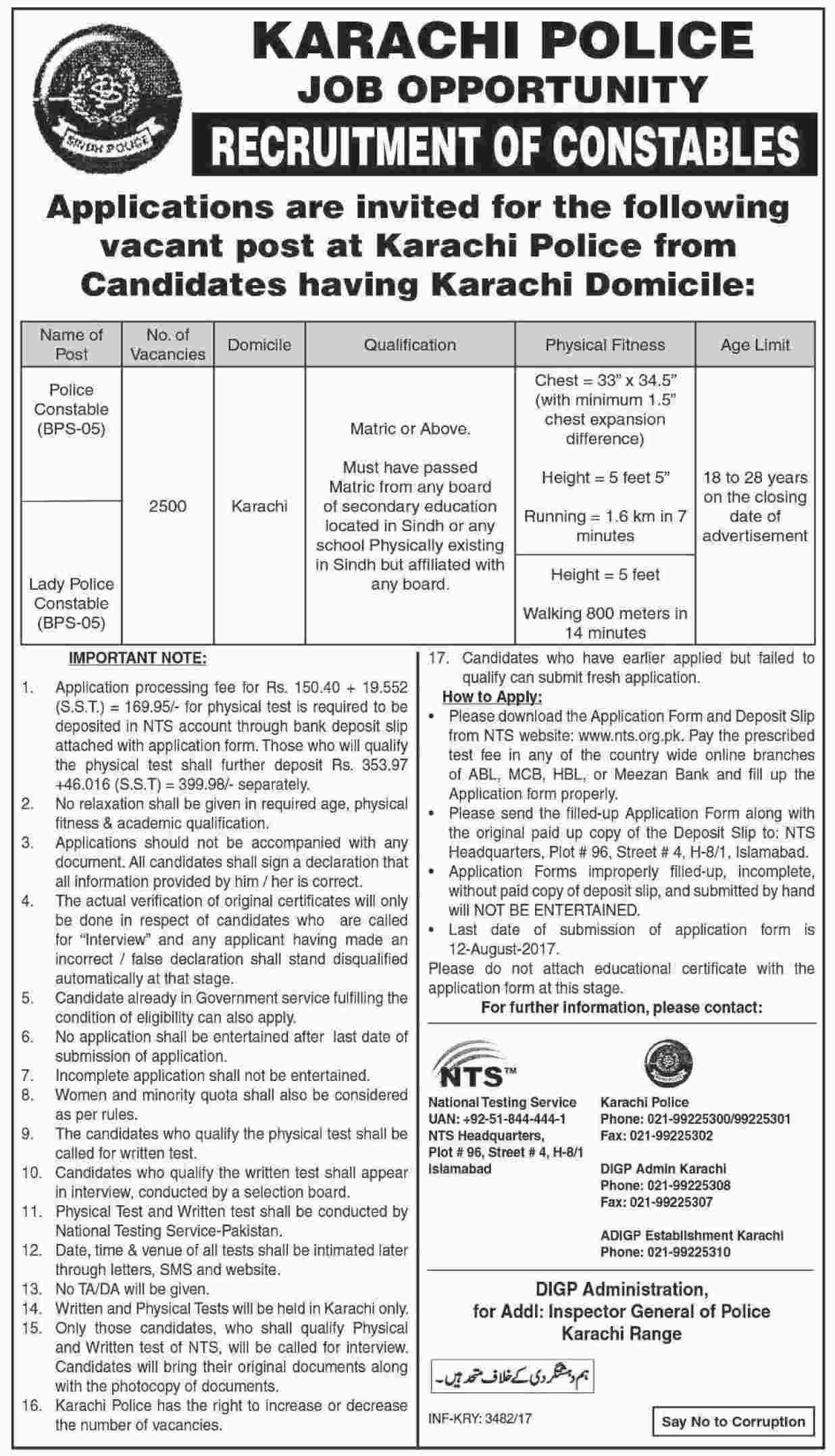 Karachi Police Constable And Lady Constable NTS Jobs 2023 Form