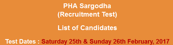 PHA Sargodha Jobs NTS Test Result 2024 25th, 26th February