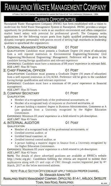 Rawalpindi Waste Management Company Jobs 2023 Manager Vacancies
