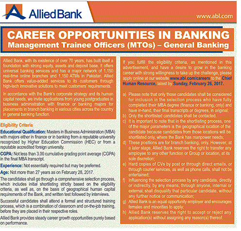 Allied Bank MTOs Jobs 2023 How to Apply www.abl.com/careers