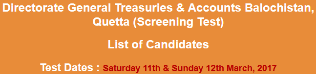 Directorate General Treasuries, Accounts Balochistan Jobs NTS Test Result 2023