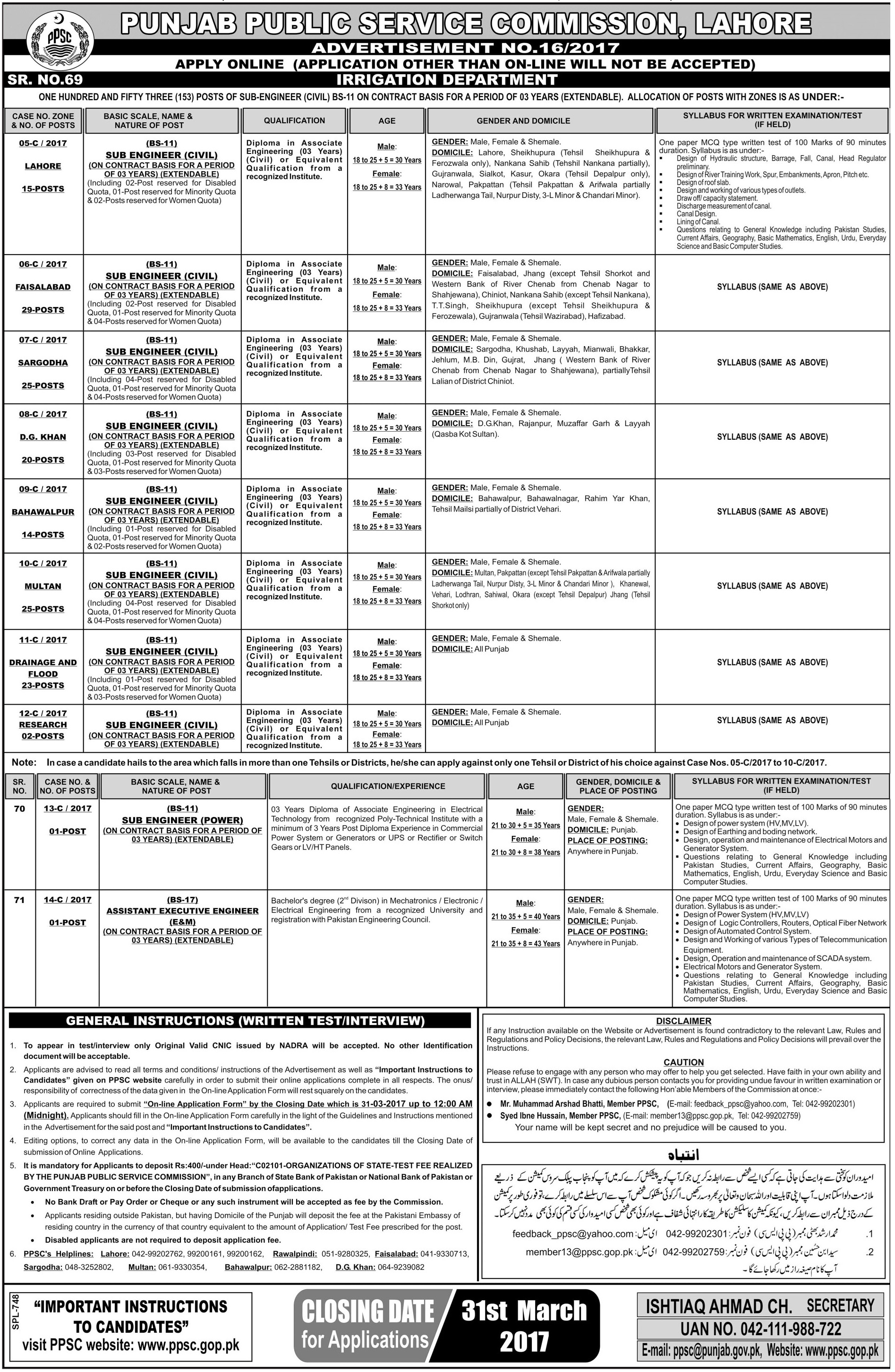 PPSC Sub Engineer Irrigation Department Jobs 2024 Form, Written Test, Interview