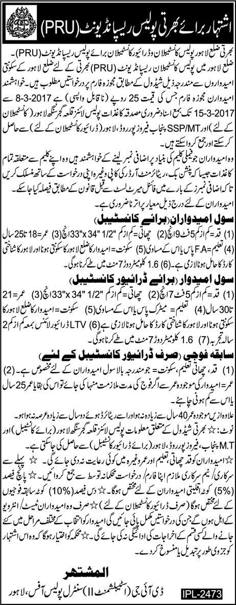 Police Response Unit PRU Constable Jobs 2024 Application Form, Written Test, Interview