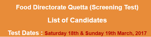 Food Directorate Quetta Jobs NTS Test Result 2023 18th, 19th March