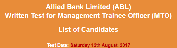Allied Bank Limited ABL MTO Jobs NTS Test Result 2023 12th August