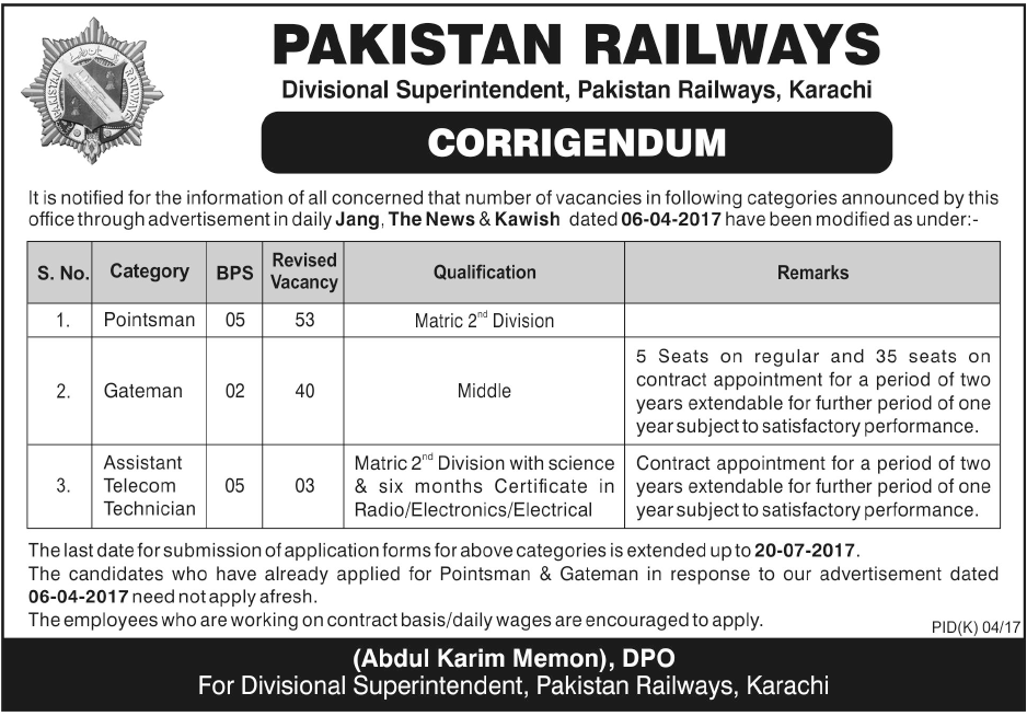 Pakistan Railways Karachi Office Jobs 2023 For Matric, Middle Pass