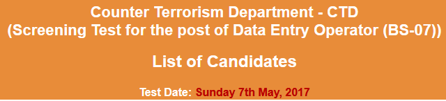 CTD Punjab Data Entry Operator DEO NTS Test Result 2023 7th May