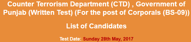 Counter Terrorism Department CTD Punjab Corporals NTS Test Result 2023