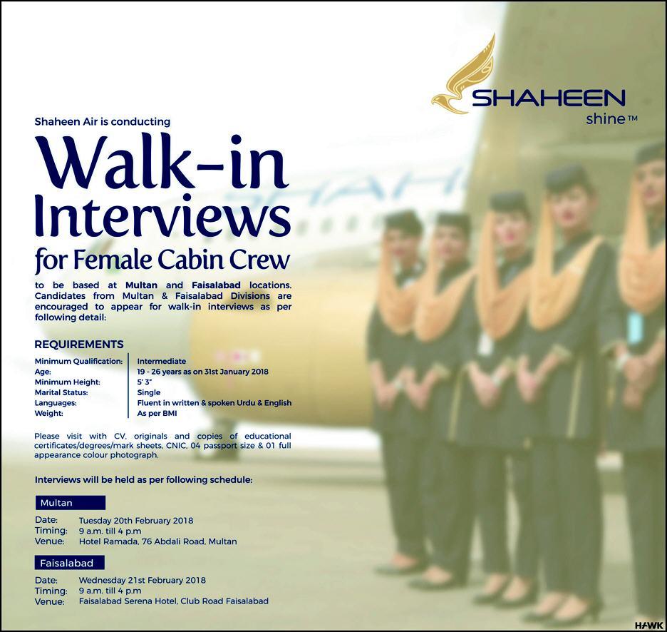 Shaheen Airline Cabin Crew Job 2024 Advertisement Interview Dates