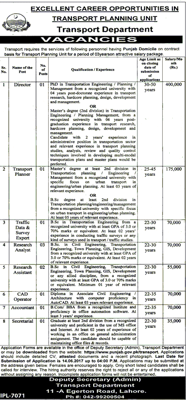Transport Planning Unit Lahore Jobs 2023 Application Form TPU Advertisement 