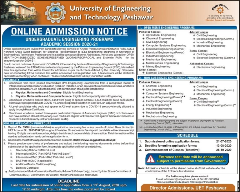 UET Peshawar Entry Test Sample Paper, Past Papers, Syllabus, Pattern