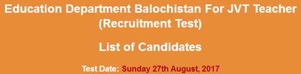 Education Department Balochistan JVT Teacher NTS Test Result 2024 27th August