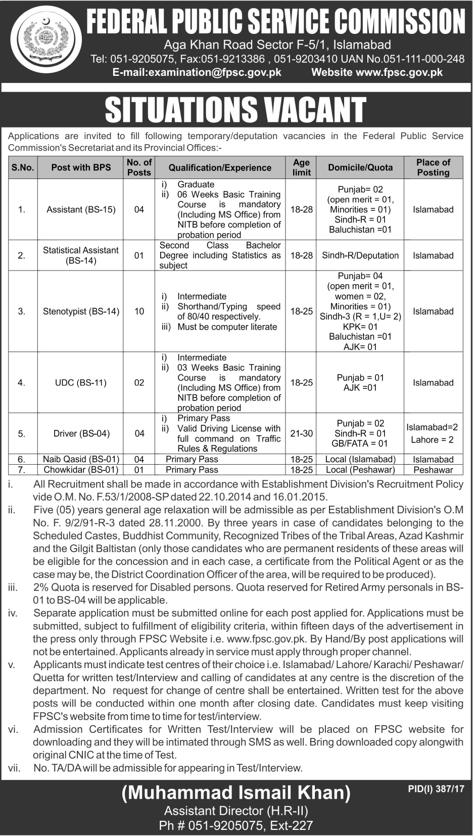 Federal Public Service Commission Jobs July 2017 Application Form