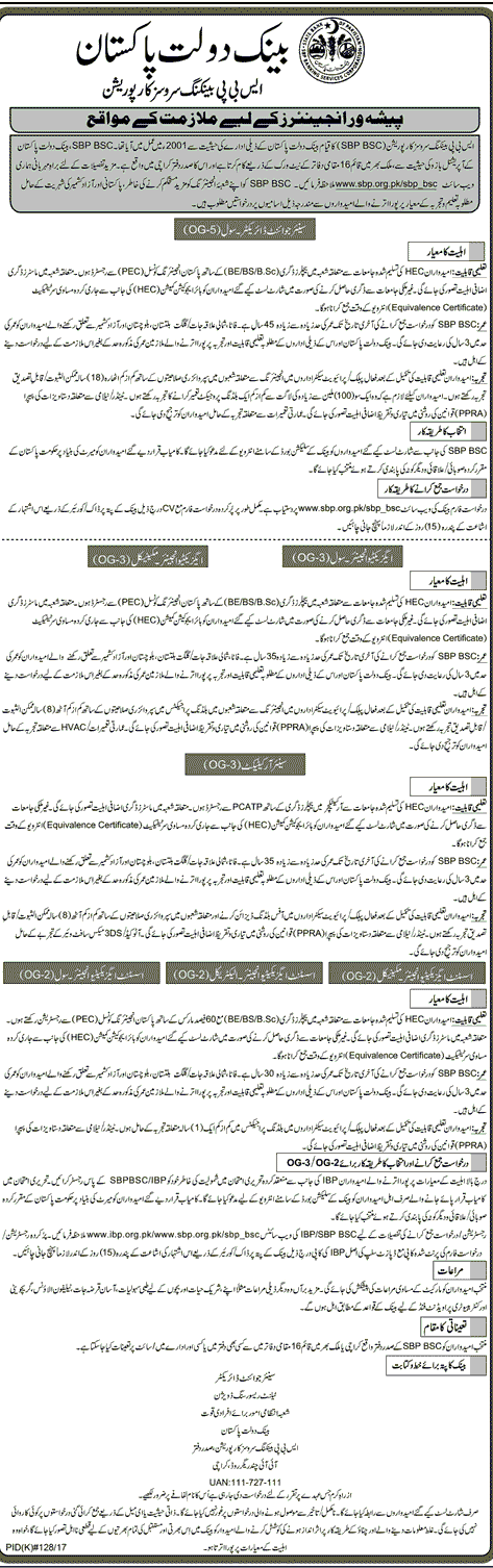 SBP Engineers Jobs 2023 State Bank of Pakistan OG-5 Application Form 