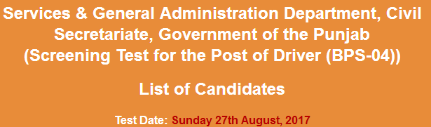 S&GAD Civil Secretariat Punjab Driver NTS Test Result 2023 27th August