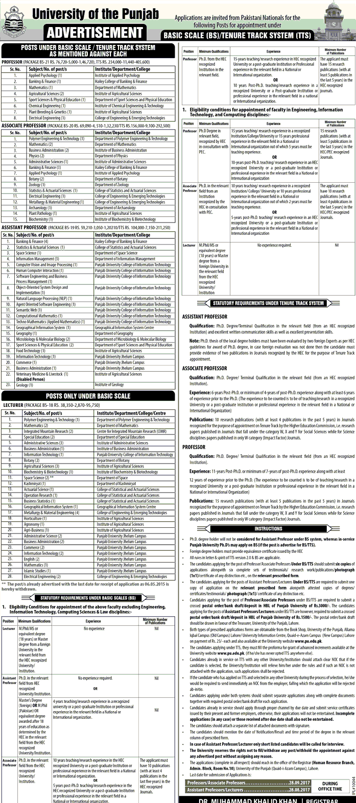 Punjab University Lahore Professor Jobs 2024 PU Application Form July Advertisement