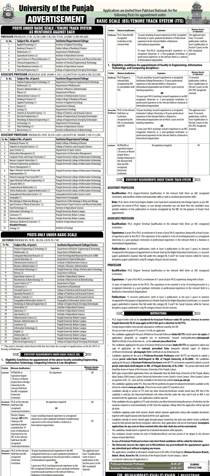 Punjab University Lahore Professor Jobs 2023 PU Application Form July Advertisement