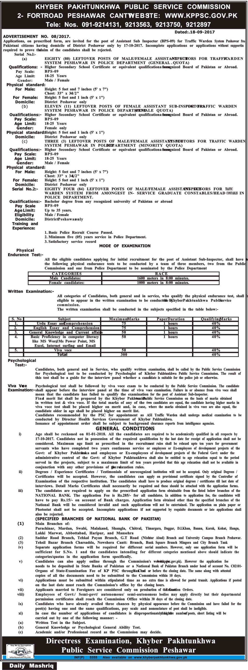 KPK ASI Warden Police Peshawar Jobs 2023 Sub Inspector Physical, Written Test Last Date Form