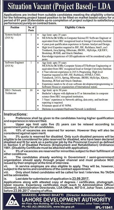 LDA Lahore Project Base Jobs 2023 Technical Vacancies Form