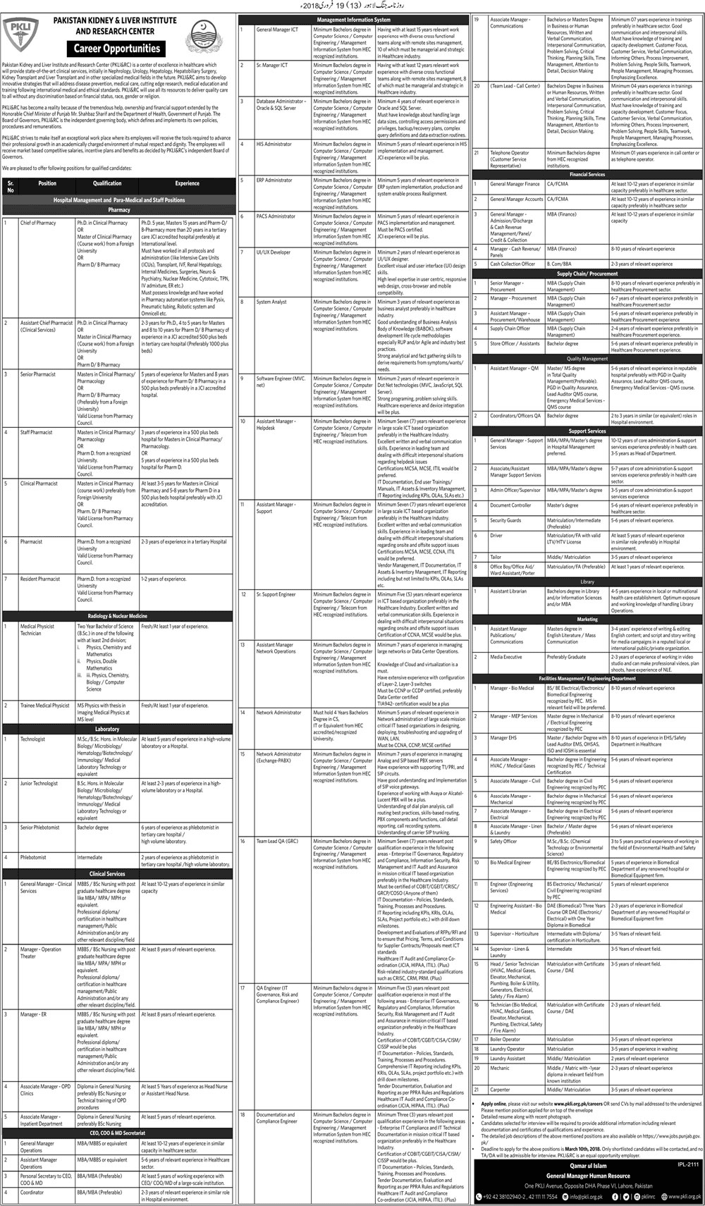 Pakistan Kidney & Liver Institute Lahore Jobs 2024 PKLI Application Form Online