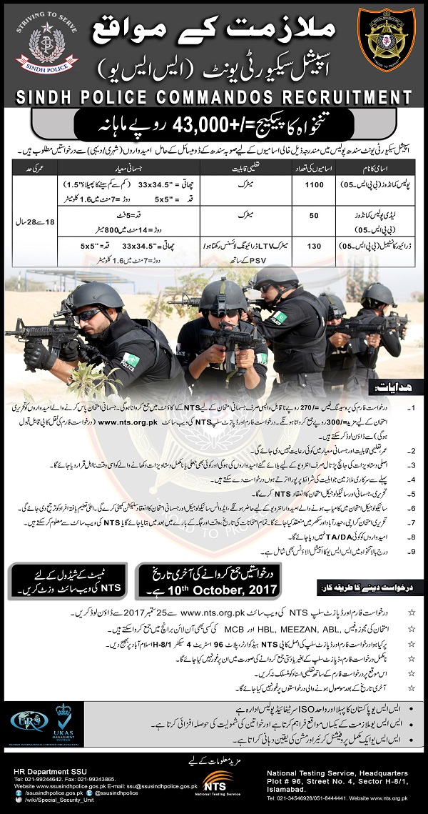 SSU Sindh Police Special Security Unit Jobs 2023 NTS Form Commando Physical Test, Written Test, Interview