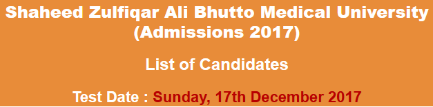 Shaheed Zulfiqar Ali Bhutto Medical University PIMS NTS Test Result 2024 17th December