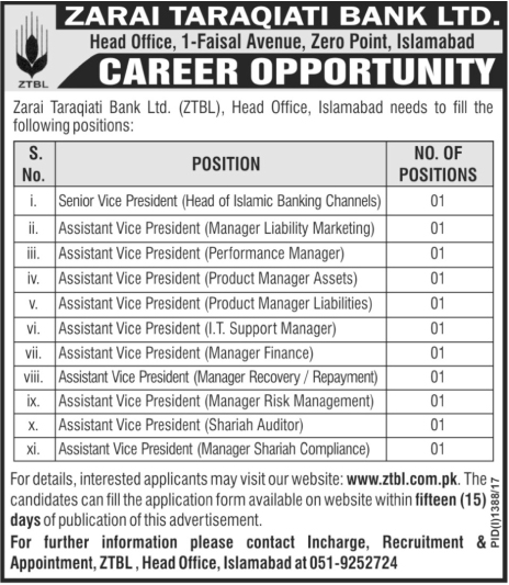 Zarai Taraqiati Bank Ltd Islamabad Jobs 2023 www.ztbl.com.pk Application Form