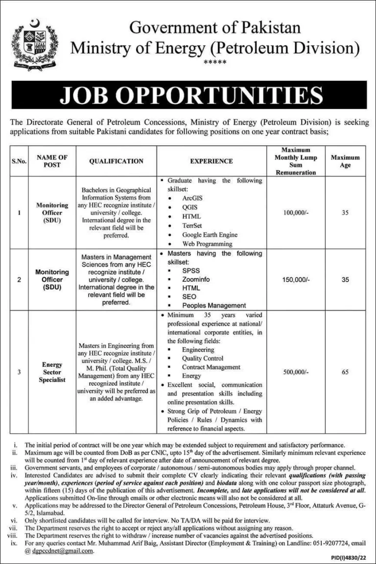 Ministry Of Energy Petroleum Division Jobs 2024 Application Form