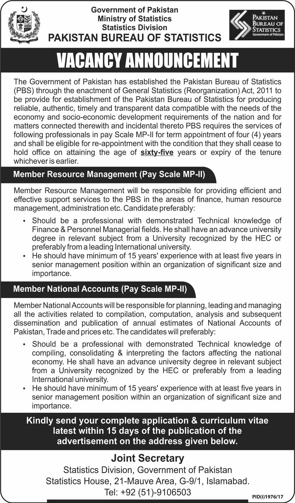Pakistan Bureau of Statistics Islamabad jobs 2023 Application Form