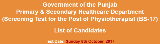 Physiotherapist Jobs NTS Test Result 2024 8th October Primary, Secondary Healthcare Department