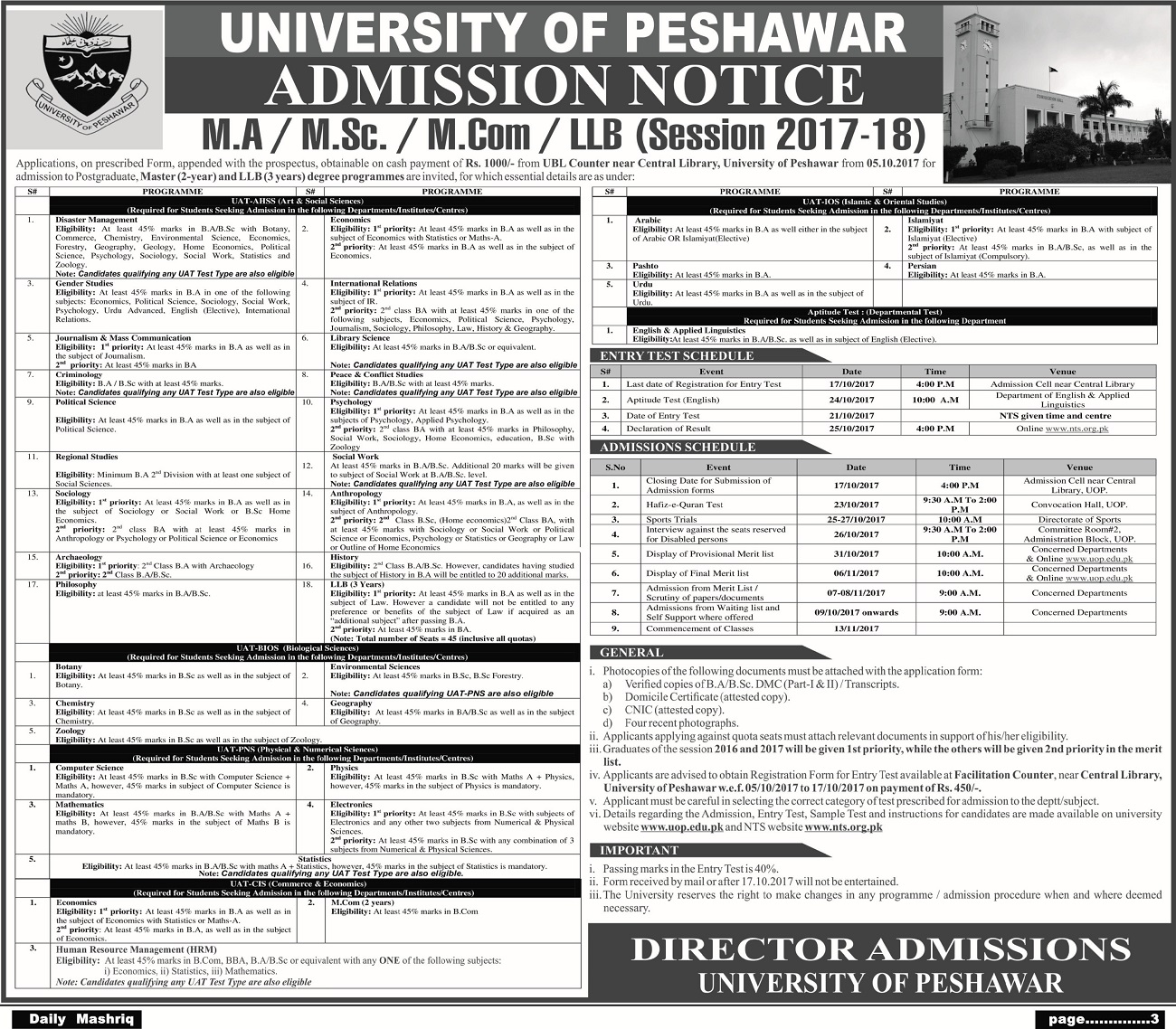 University Of Peshawar Admission 2023-19 Master Degree Last Date Advertisement Fee Merit List