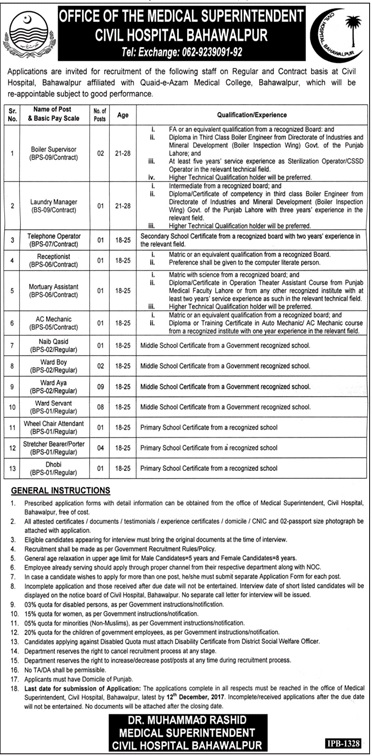 Civil Hospital Bahawalpur Jobs 2023-18 December Advertisement Form Download