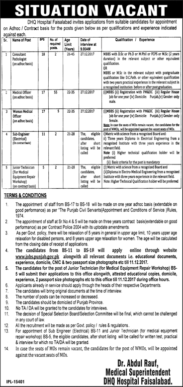 DHQ Hospital Faisalabad Jobs 2023 Medical Officer Application Form, Interview Date