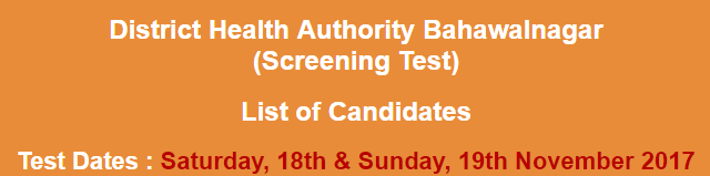District Health Authority Bahawalnagar Jobs NTS Test Result 2024 18th, 19th November
