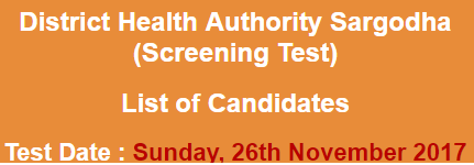 District Health Authority Sargodha Jobs NTS Test Result 2023 26th November
