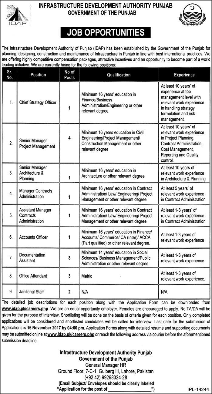 Infrastructure Development Authority Punjab Jobs 2024 IDAP Lahore Application Form