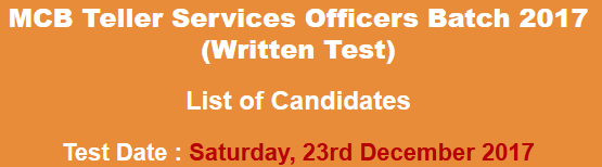MCB Teller Services Officer Batch NTS Test Result 2024 23rd December