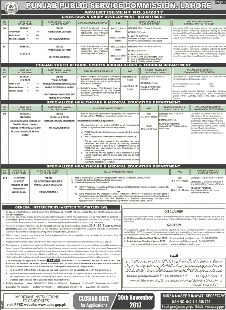 PPSC Punjab Public Service Commission Jobs 2023 Veterinary Officer, Labour Inspector, Assistant Professor Online Apply ccc