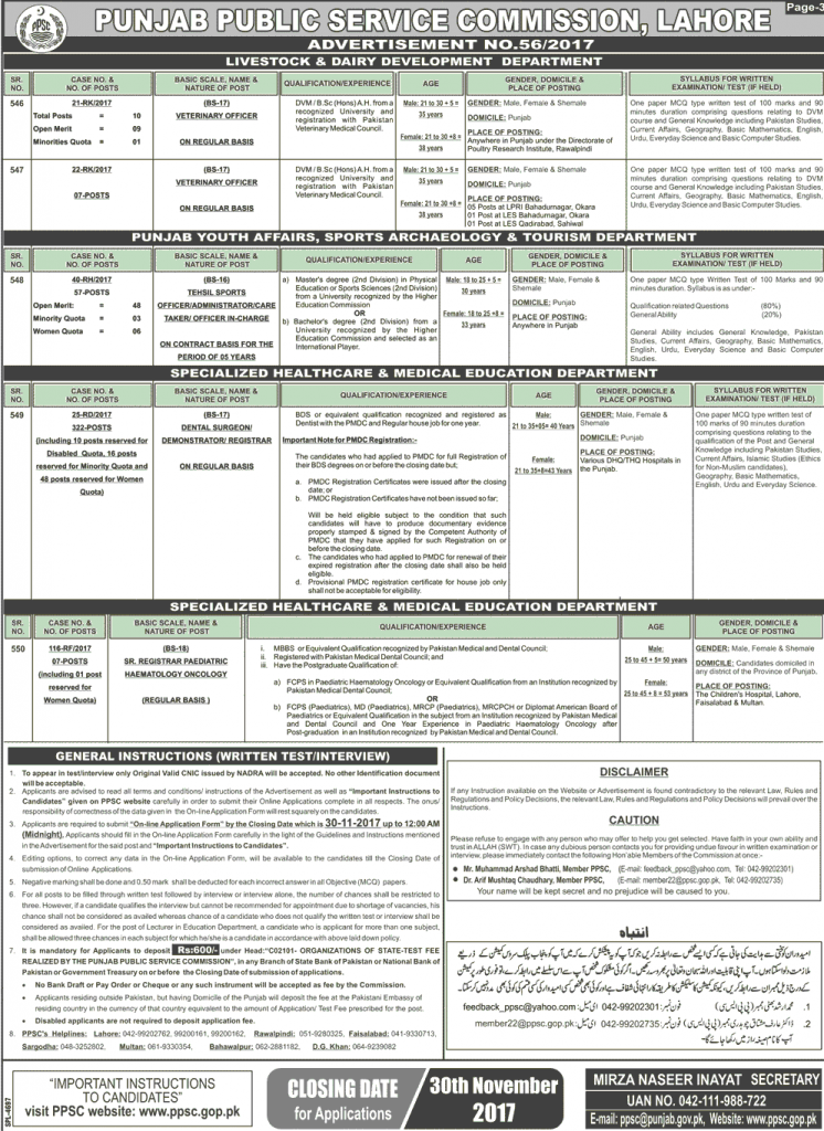 PPSC Punjab Public Service Commission Jobs 2024 Veterinary Officer, Labour Inspector, Assistant Professor Online Apply ccc